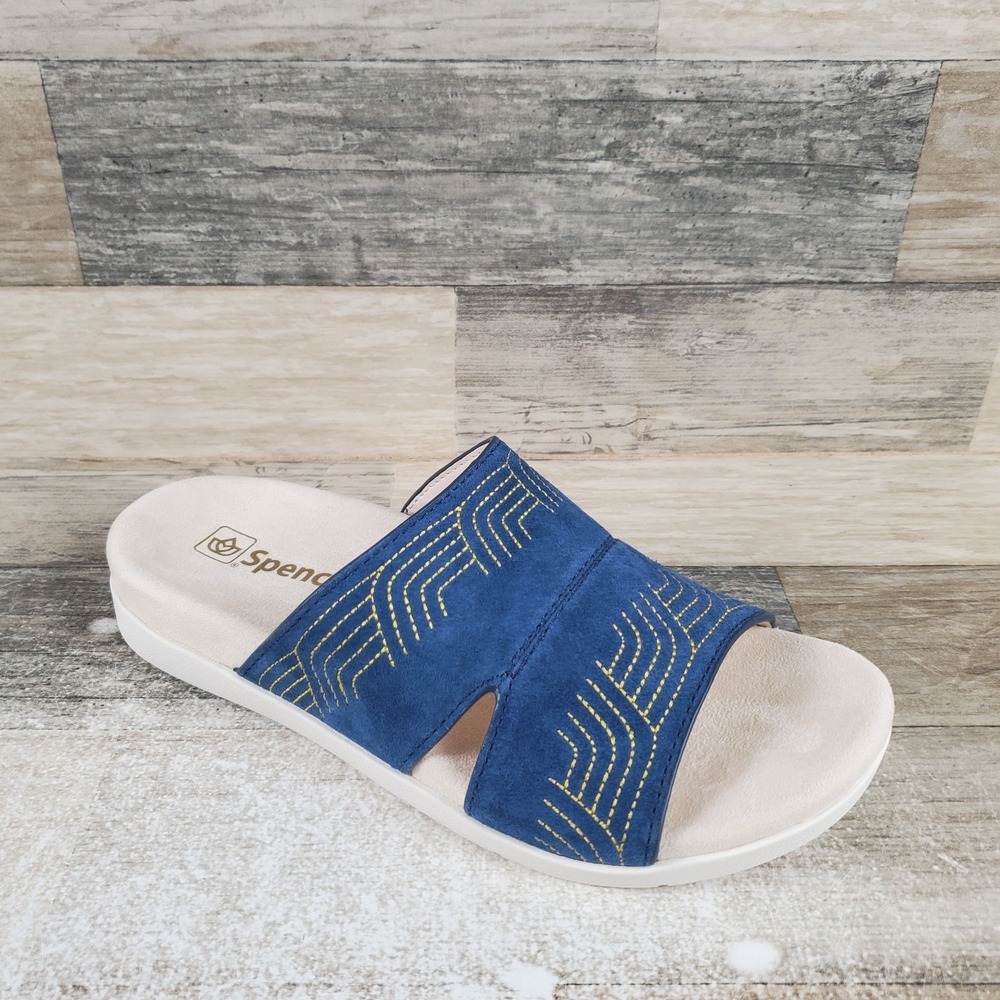 Spenco Twilight Ellie Womens Slide Sandal Sz 7.5‎ D Peacoat Gold Leather Slip On